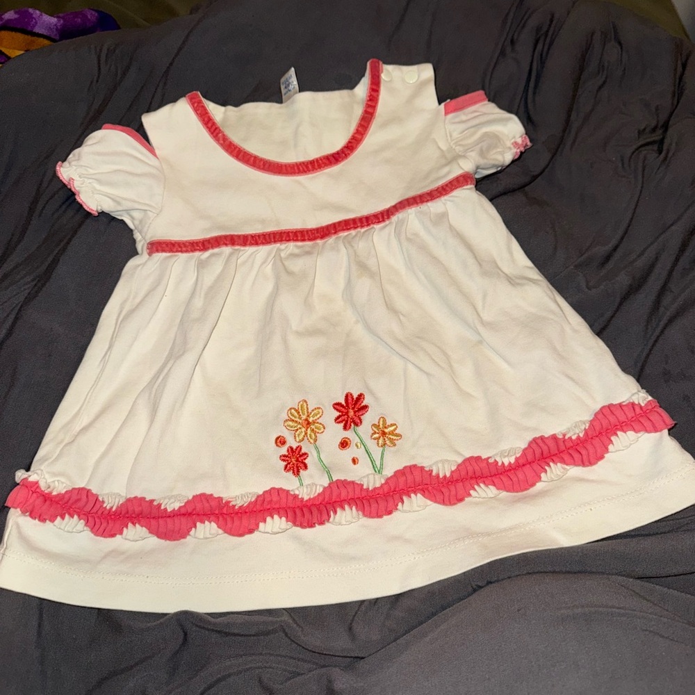 Vintage White and Pink Kids Dress with Floral Embroidery